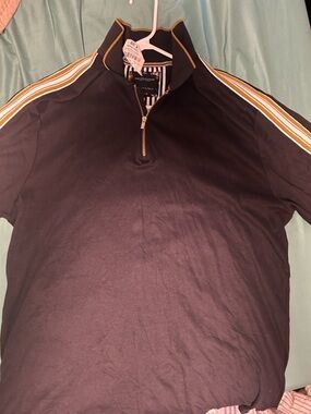 Denim & Flower Black Half-Zip Polo with Gold Stripe Accents